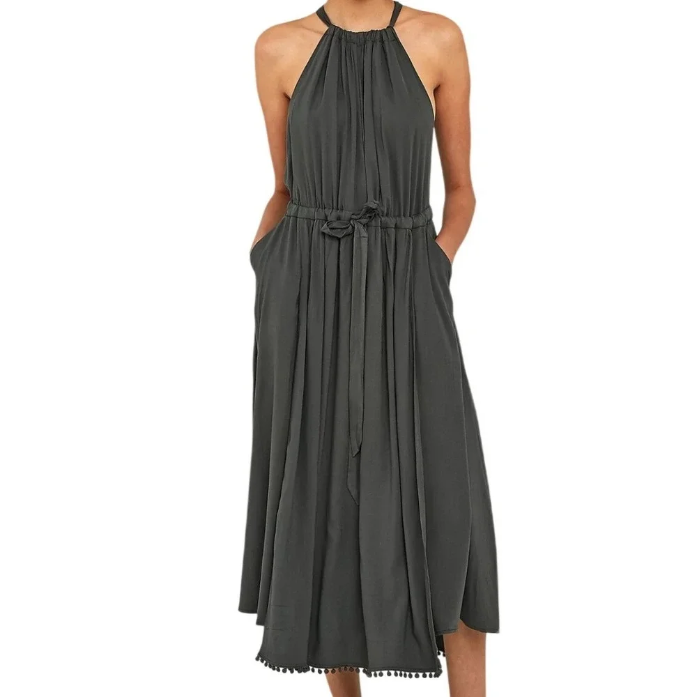 Free People Spring Love Midi Dress Carbon Gray Halter Open Back Pom Trim XS Boho